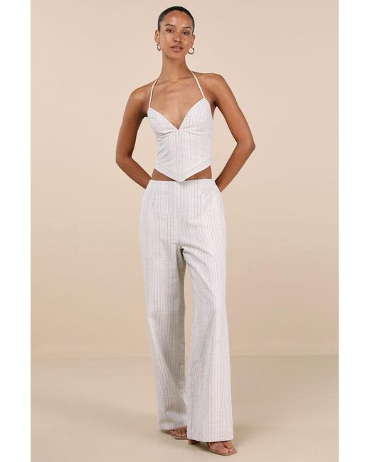 Lulus Brown Anahita Cream And Striped Halter Top