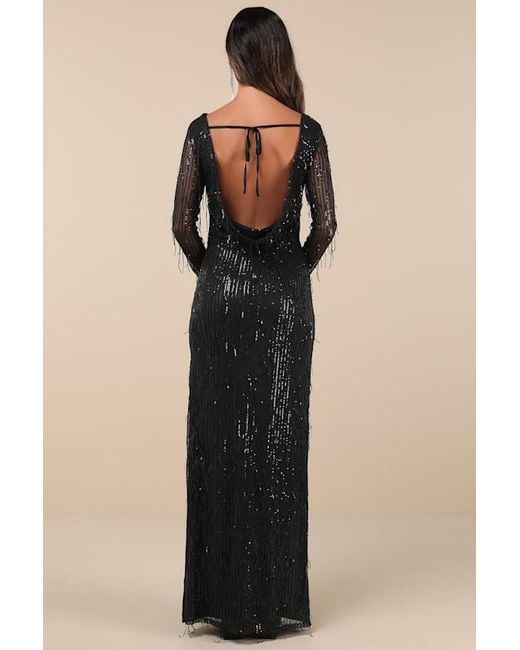 Lulus Blue Glittery Devotion Sequin Fringe Maxi Dress