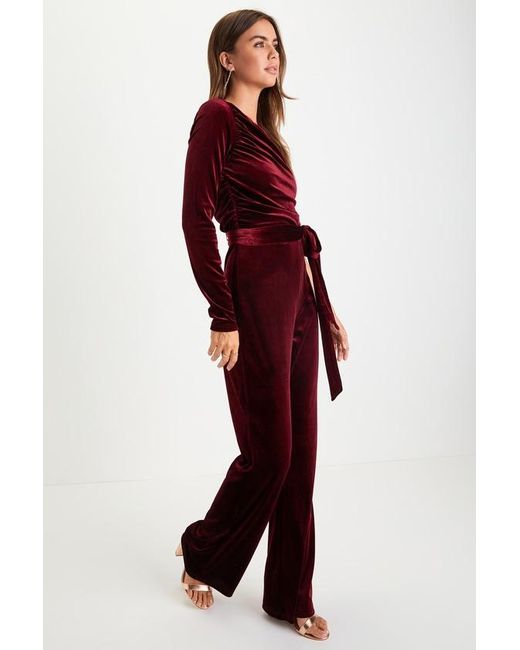 Lulus Red Extraordinary Vibe Velvet One-Shoulder Jumpsuit