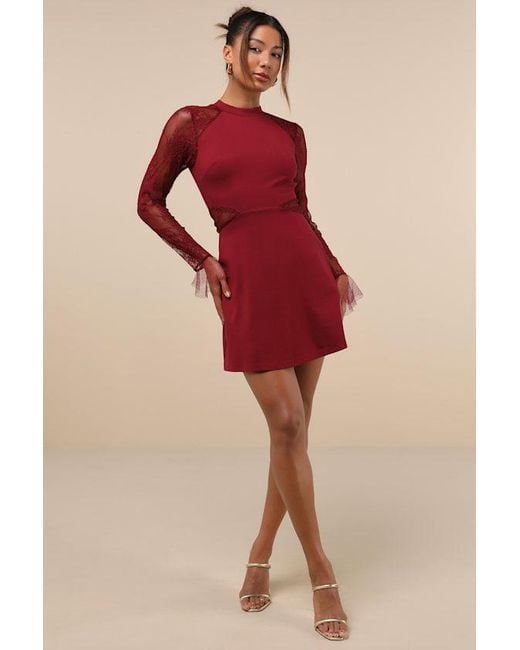 Lulus Red Bragging Rights Lace Long Sleeve Skater Dress
