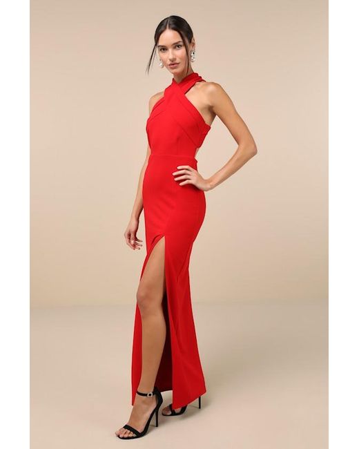 Lulus Red Head To Cocktail Hour Halter Neck Maxi Dress