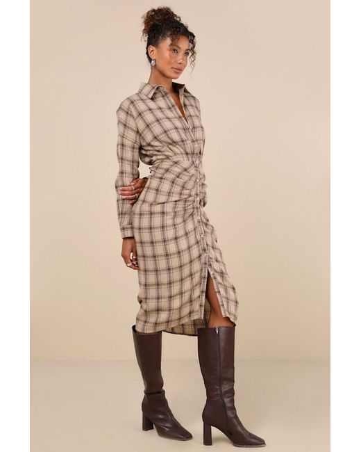 Lulus Natural Seasonal Spirit Plaid Ruched Long Sleeve Midi Dress
