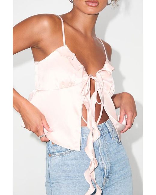 Lulus White Elsie Blush Satin Tie-Front Ruffled Cami Top