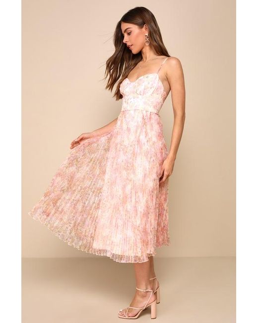 Lulus Natural Finest Endeavor Blush Floral Pleated Bustier Midi Dress