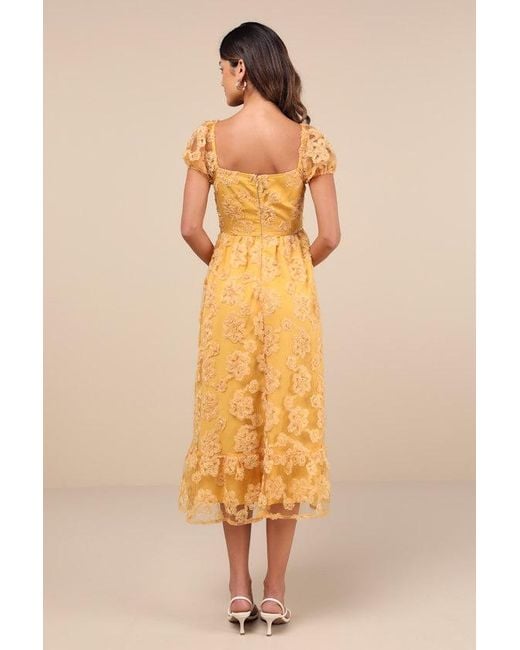 Lulus Yellow Notable Elegance Mesh Floral Applique Bustier Midi Dress