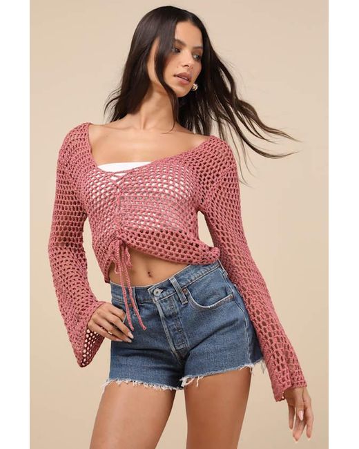 Lulus Red Saray Loose Crochet Knit Lace-Up Sweater Crop Top