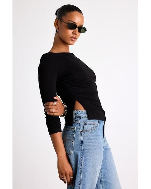 Lulus Blue Mehra Boat Neck Side Slit Long Sleeve Top