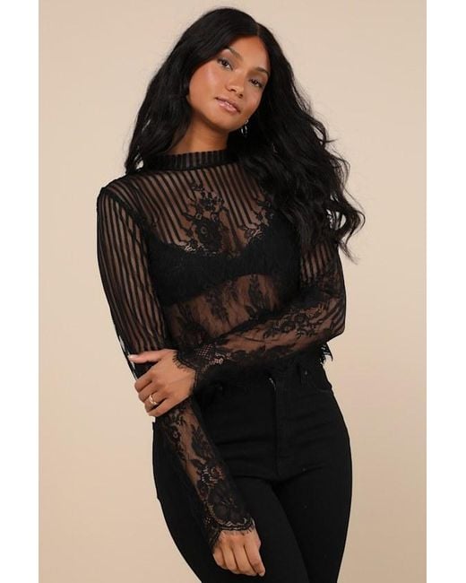 Lulus Black Tempt Me Sheer Lace Long Sleeve Crop Top