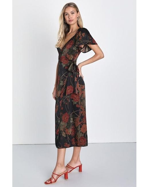 Lulus Black Subtle Elegance Floral Print Faux Wrap Midi Dress