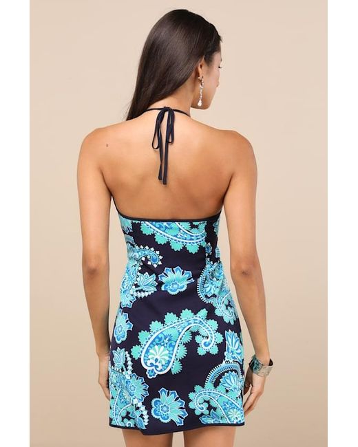 Lulus Blue Aelora Dark And Aqua Paisley Print Halter Mini Dress