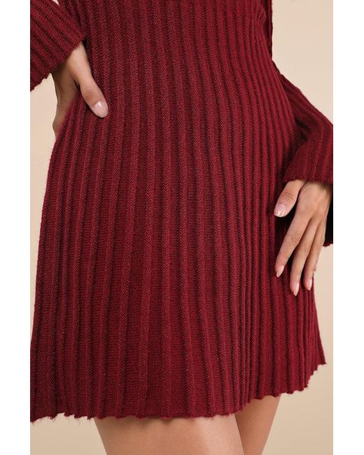 Lulus Red Convincing Poise Ribbed Long Sleeve Skater Mini Dress