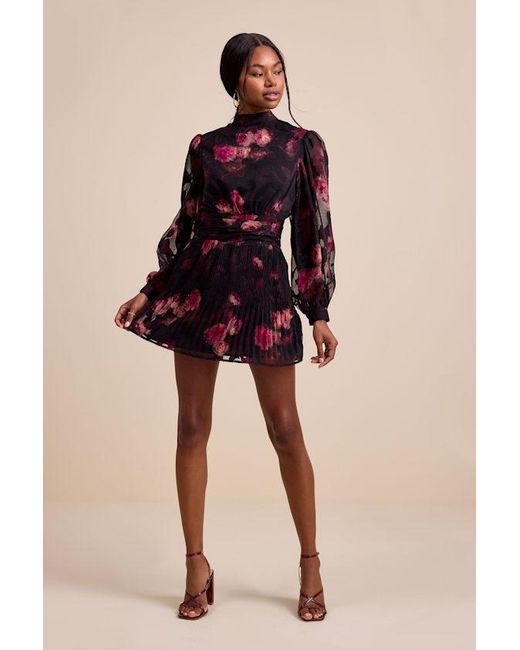 Lulus Red Ayveen Floral Burnout Balloon Sleeve Mini Dress