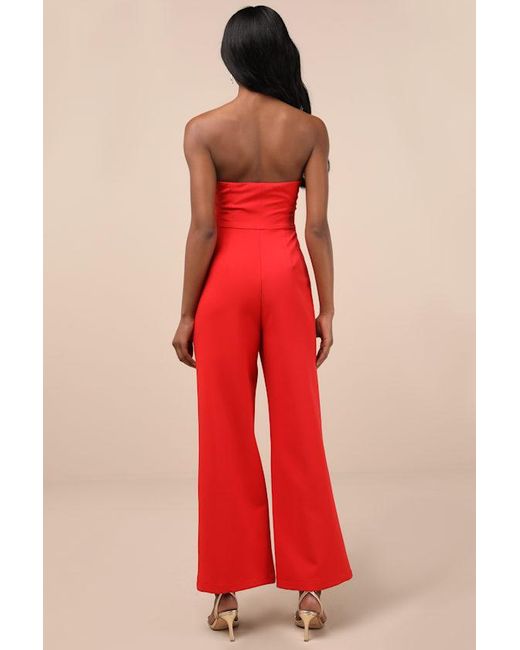 Lulus Red Opulent Outlook Bow Strapless Wide-Leg Jumpsuit