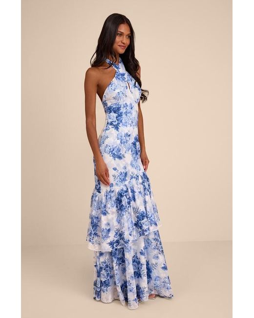 Lulus Blue Eloria And Floral Halter Maxi Dress