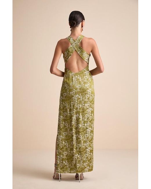 Lulus Natural Lamila Chartreuse Floral Satin Column Maxi Dress