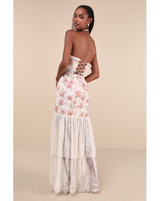 Lulus Natural Prettiest Entrance Floral Lace Strapless Maxi Dress