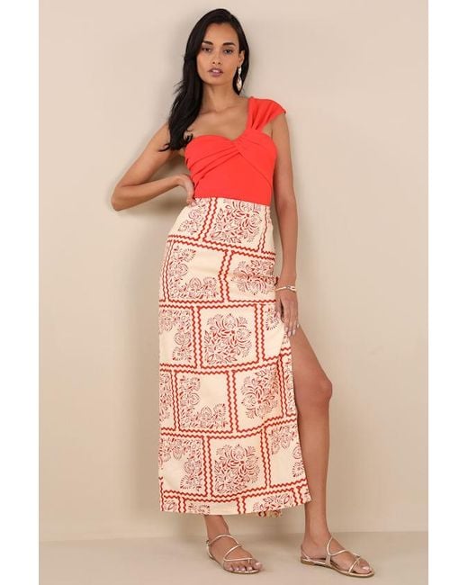 Lulus Pink Clementine Cream And Boho Print High-Rise Maxi Skirt