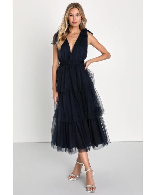 Lulus Blue Flawless Arrival Tulle Tie-Strap Tiered Maxi Dress