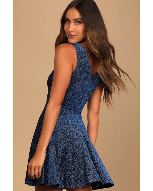 Lulus Blue Best Date Ever Metallic Skater Mini Dress