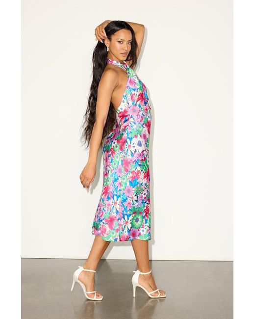 Lulus Blue Beyond Classy And Floral Satin Halter Midi Dress