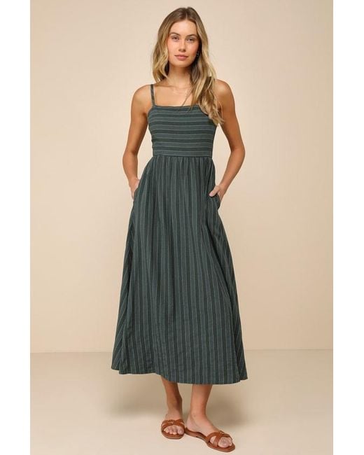 Lulus Blue Feeling The Best Striped Tie-Back Midi Dress With Pockets