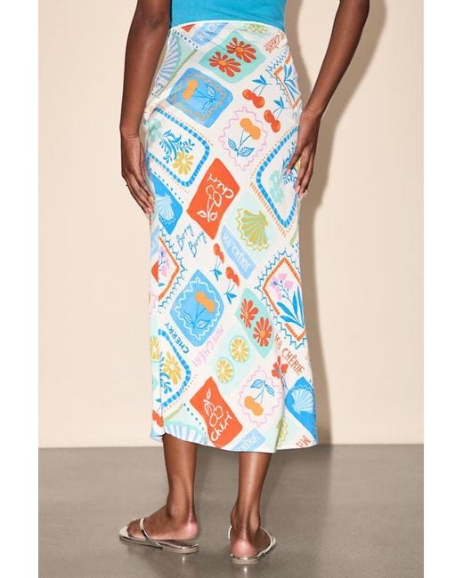 Lulus Blue Iria Multi Postcard Print Midi Skirt