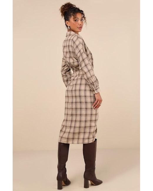 Lulus Natural Seasonal Spirit Plaid Ruched Long Sleeve Midi Dress