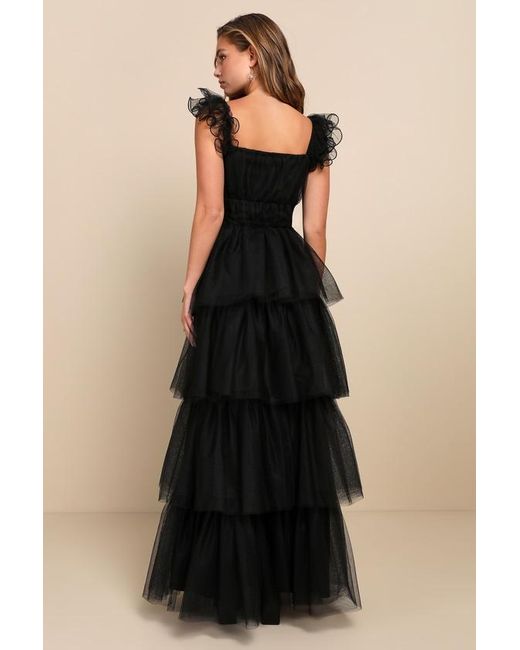 Lulus Black Tulle For Love Mesh Tulle Tiered Ruffled Maxi Dress