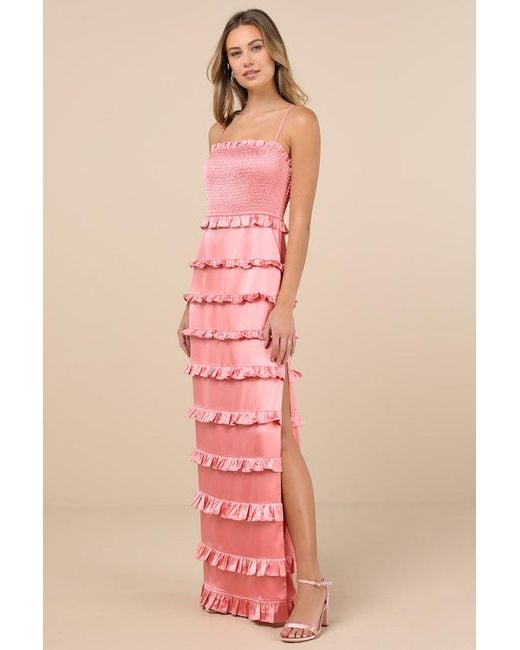 Lulus Pink Sincerely Fabulous Satin Smocked Ruffled Maxi Dress
