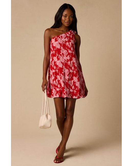 Lulus Red Aralia Multi Floral One-Shoulder Shift Mini Dress