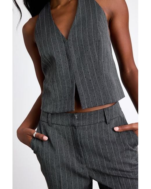 Lulus Gray Thalina Pinstriped Rhinestone Halter Vest Top