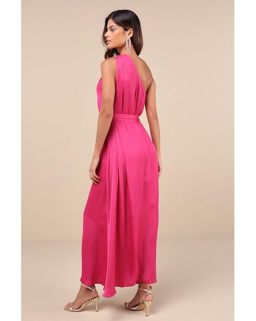 Lulus Pink Goddess Aura Satin One-Shoulder Maxi Dress