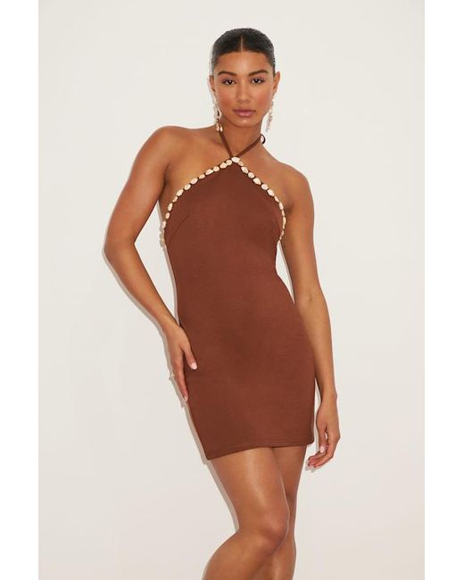 Lulus Brown Azeneth Shell Bodycon Halter Mini Dress