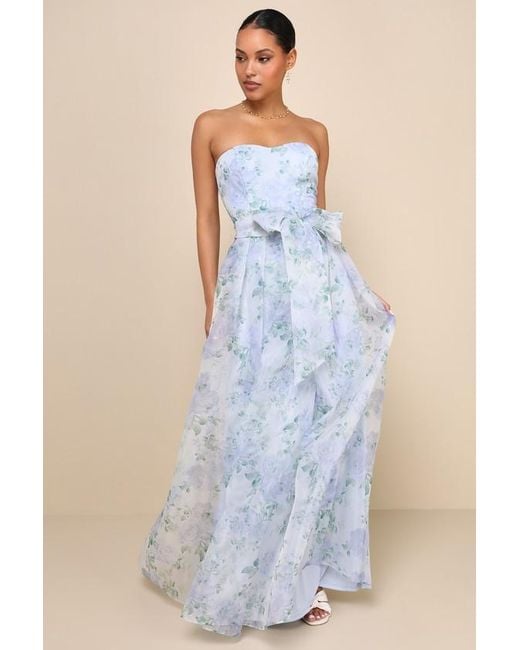 Lulus Blue Charming Sweetness Periwinkle Floral Organza Pleated Maxi Dress