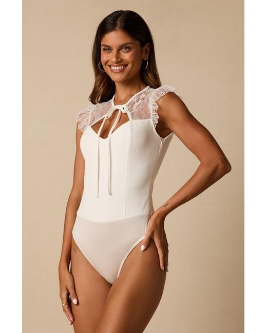 Lulus Blue Coveted Crush Lace Tie-Neck Bodysuit