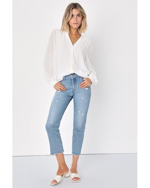 Lulus White Delightful Charm Swiss Dot Button-Up Long Sleeve Top