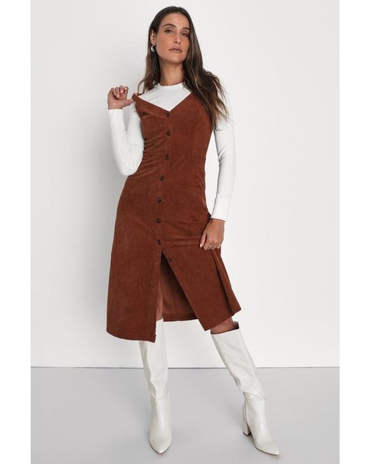 Lulus Brown Certainly The Sweetest Corduroy Button-Front Midi Dress