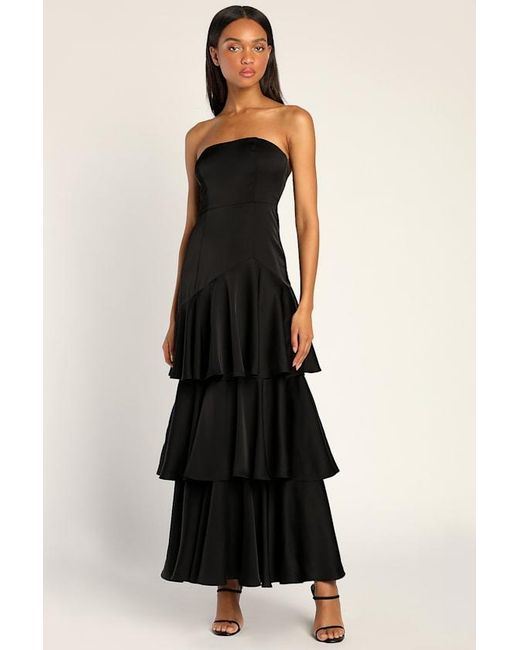 Lulus Black Blissfully Beautiful Satin Strapless Tiered Maxi Dress