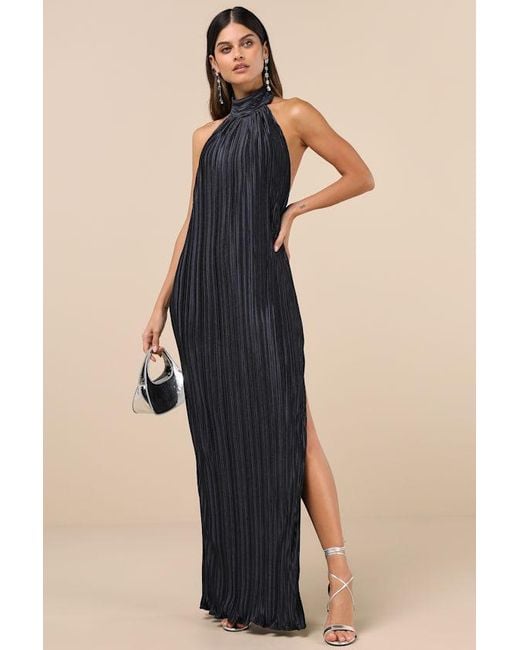 Lulus Blue Gwenny Dark Satin Plisse Maxi Dress