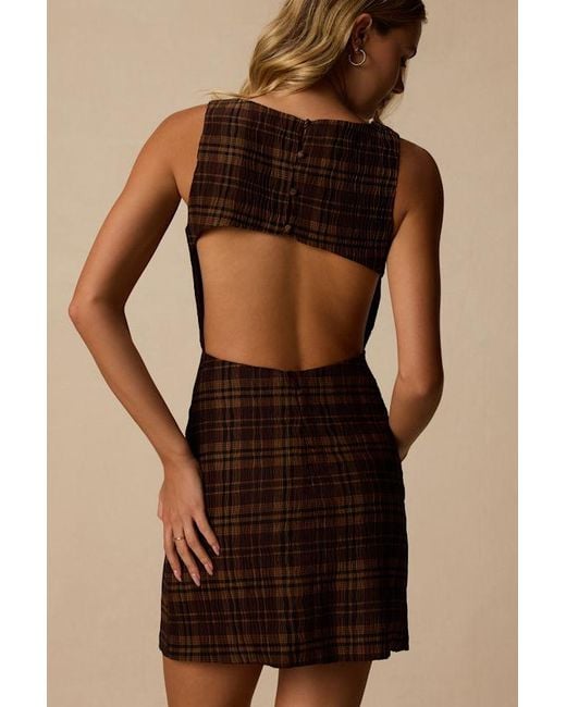 Lulus Brown Kimber Multi Plaid Cutout Mini Dress