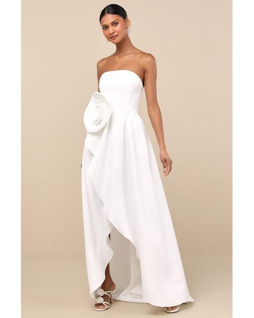Elliatt White Emiliana 3D Rosette Strapless High-Low Maxi Dress