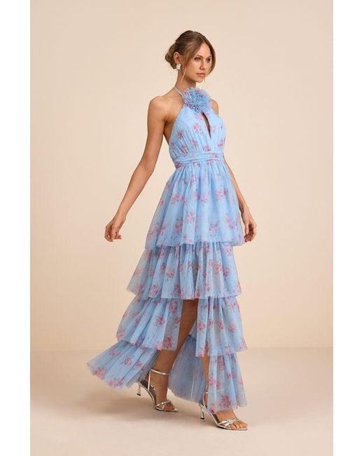 Lulus Blue Charmian Floral Tulle Tiered Maxi Dress