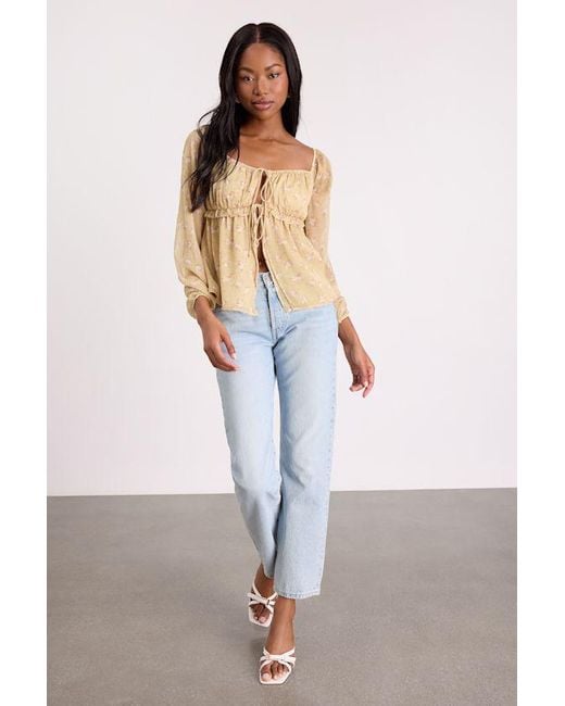 Lulus Blue Lemmie Floral Chiffon Tie-Front Long Sleeve Top