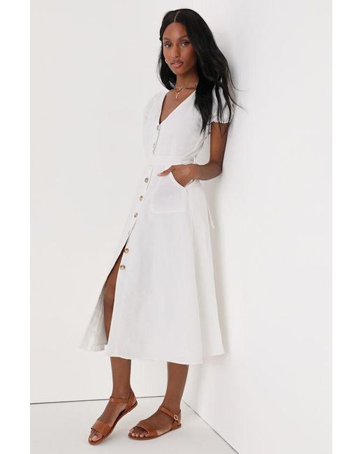 Lulus White Sicily Sweetheart Button-Front Puff Sleeve Midi Dress