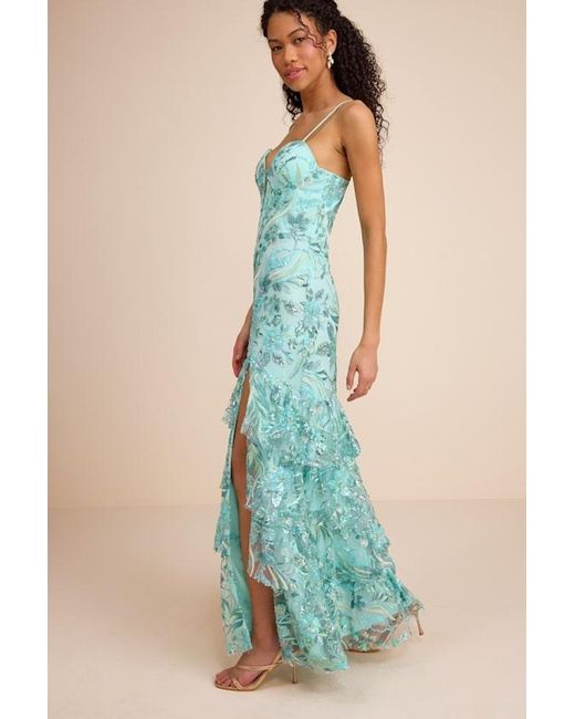 Lulus Blue Angele Sequin Embroidered Tiered Maxi Dress