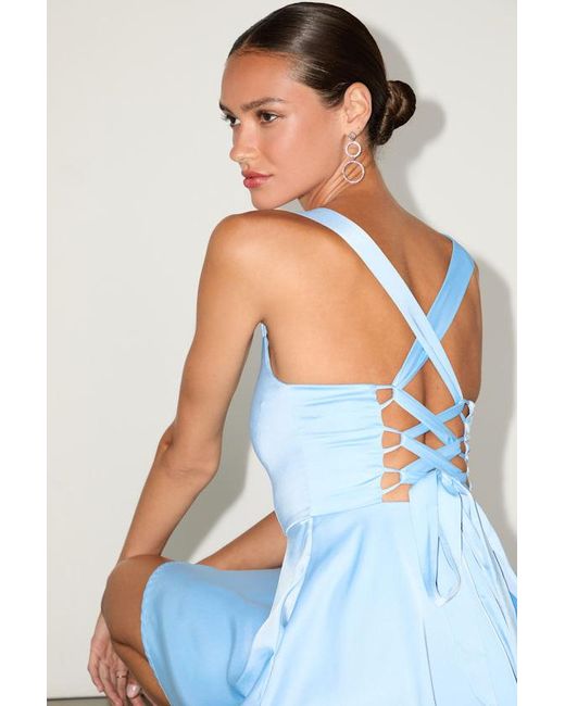 Lulus Blue Admirably Chic Satin Lace-Up Mini Dress With Pockets