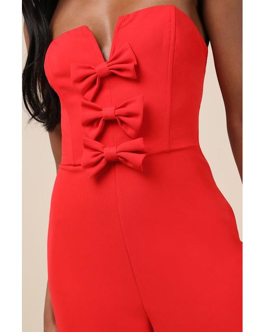 Lulus Red Opulent Outlook Bow Strapless Wide-Leg Jumpsuit