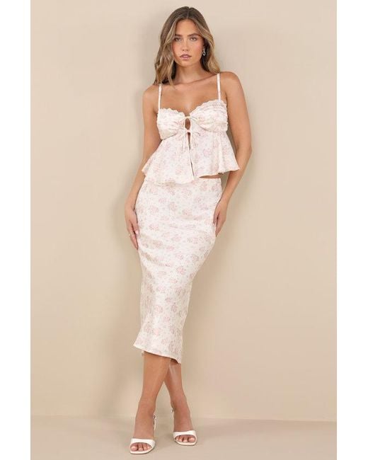 Lulus Natural Alexia Ditsy Floral Satin Slip Midi Skirt