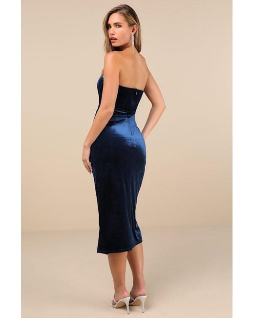 Lulus Blue Masterfully Flirty Velvet Bustier Midi Dress