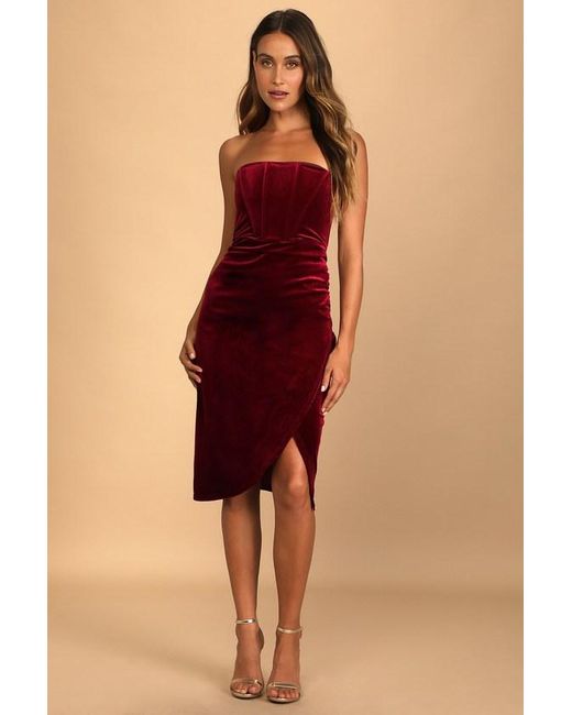 Lulus Multicolor Glamorous Celebrations Wine Velvet Strapless Tulip Dress